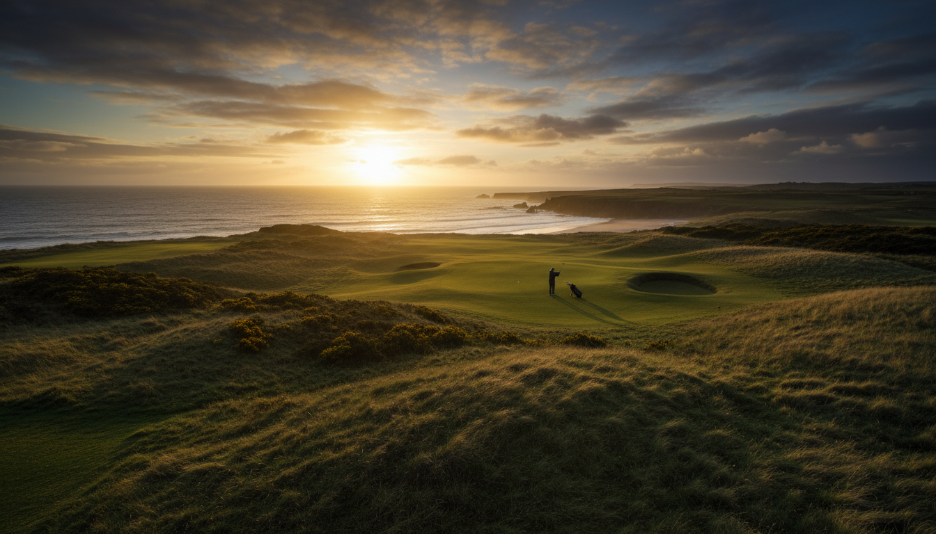 Championship golf links course in Scotland at sunrise with coastal scenery