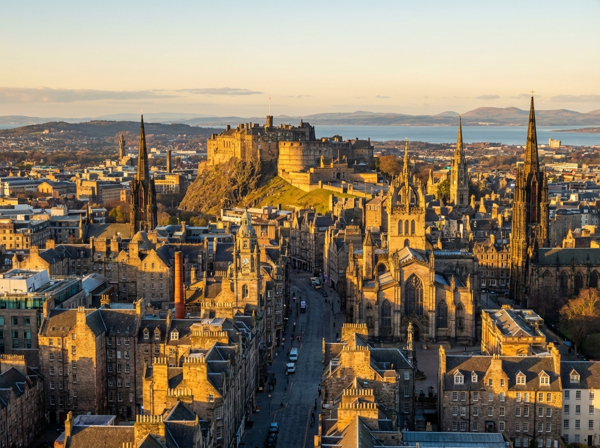 Panoramic view of Edinburgh skyline at golden hour