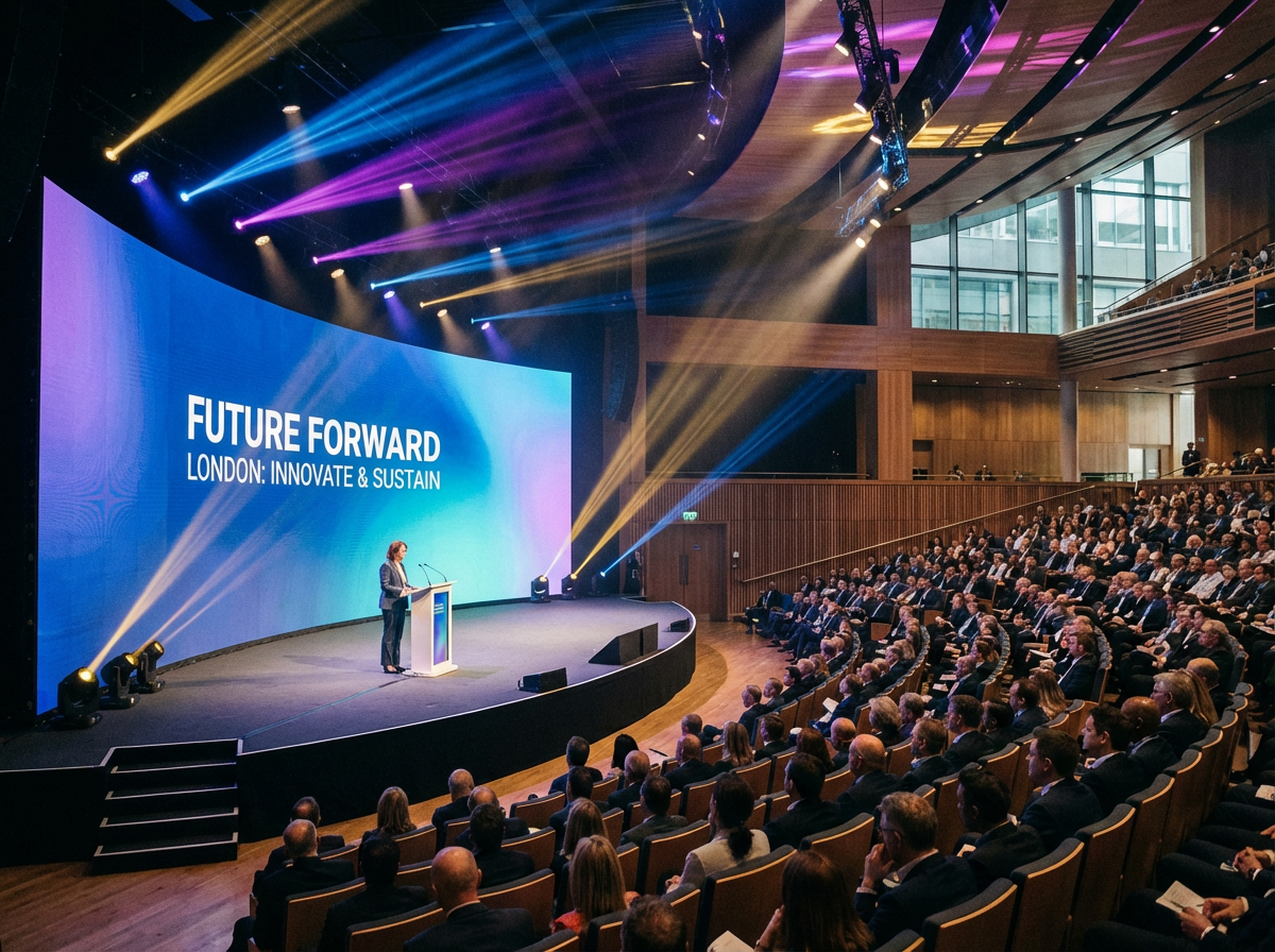 Professional corporate event with stage and business audience in the UK