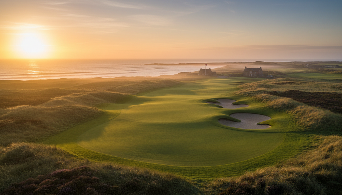 Scottish links golf course at sunrise with coastal views