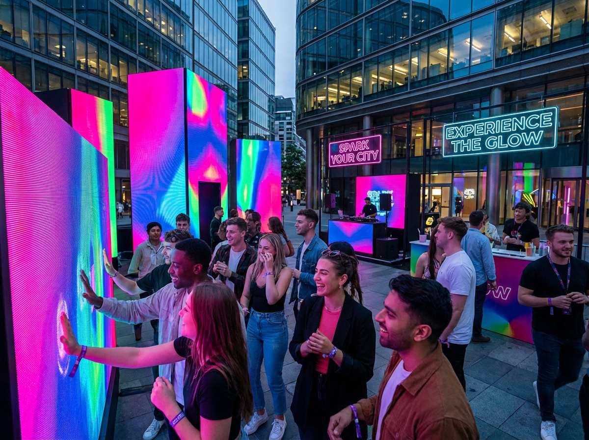 Colourful brand activation pop-up event with immersive experiential marketing installation and engaged visitors