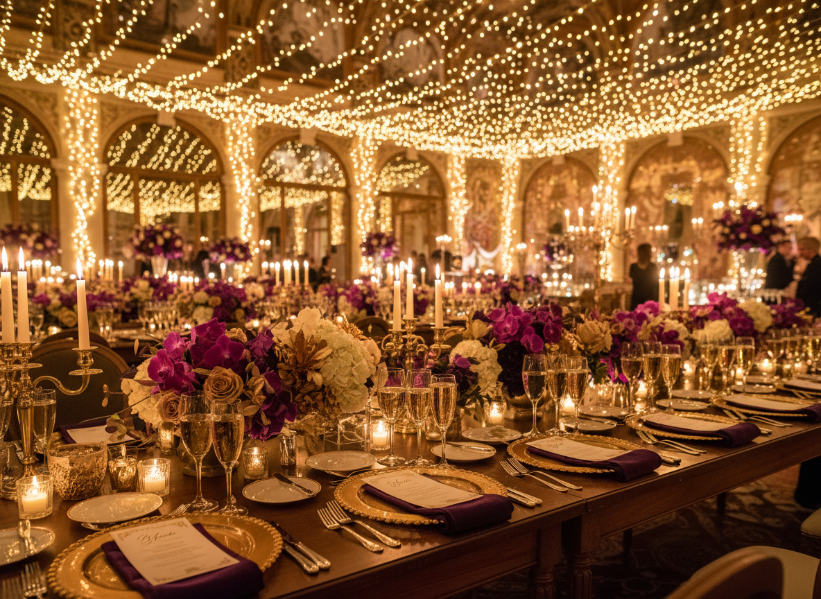 Elegant private celebration with golden fairy lights, floral arrangements, and champagne in a beautifully decorated venue