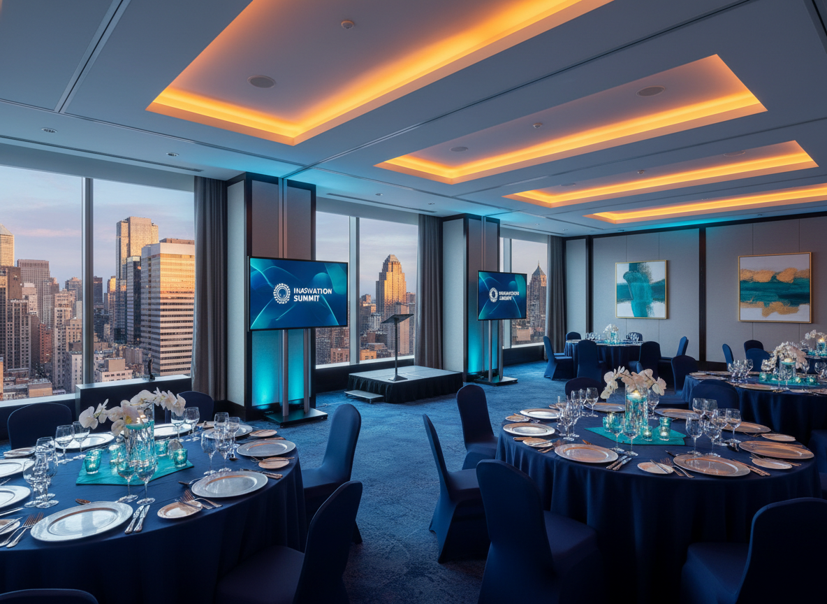 Luxury hotel conference room set up for a corporate event