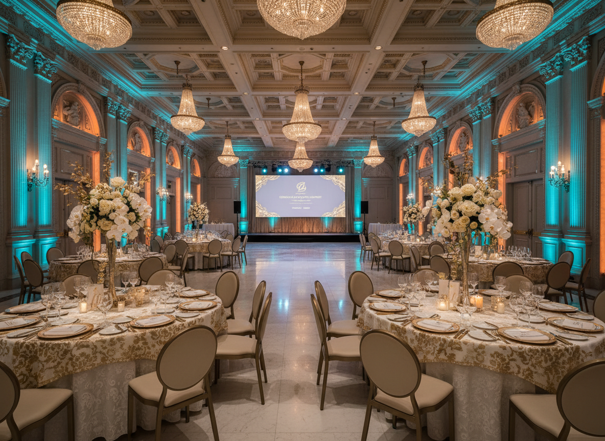 Luxury hotel ballroom prepared for a corporate event