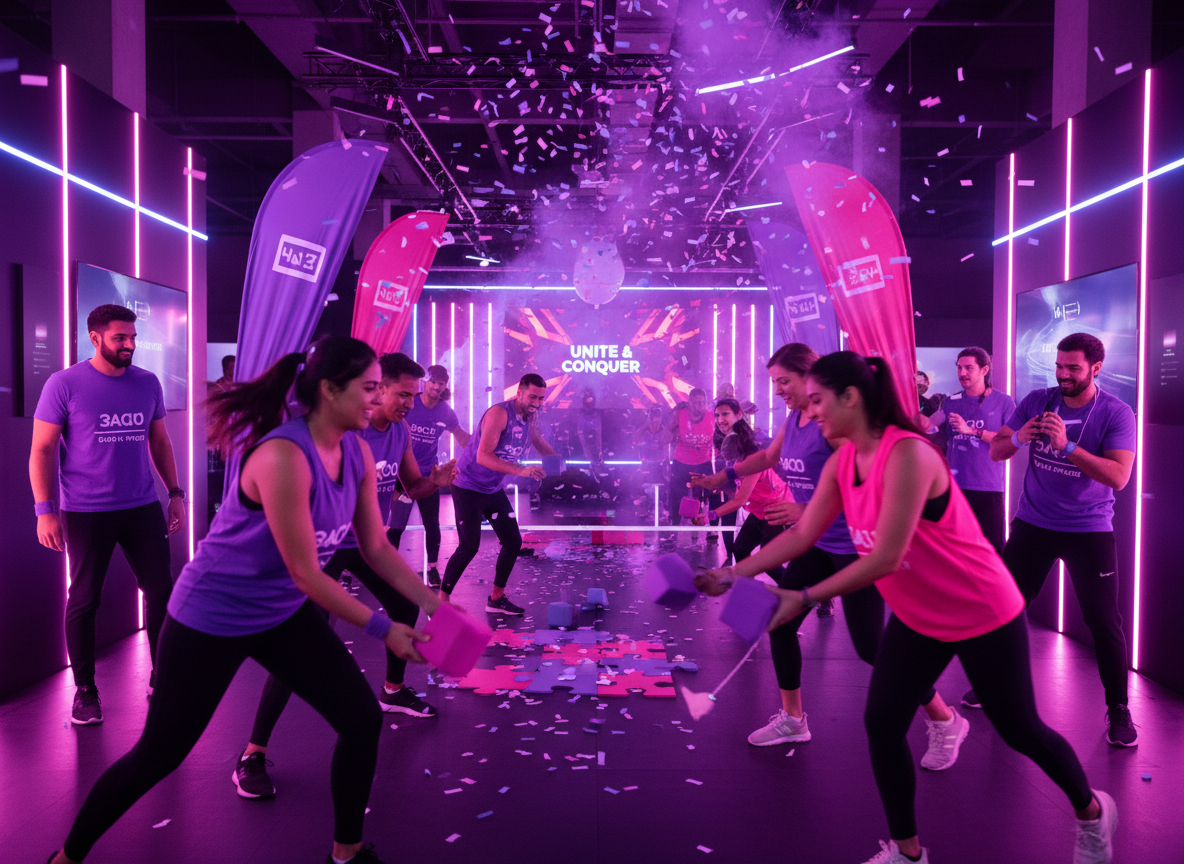 Team Energy high-energy corporate team building event — teams clapping, jumping and cheering together in a dynamic indoor venue with purple and blue lighting