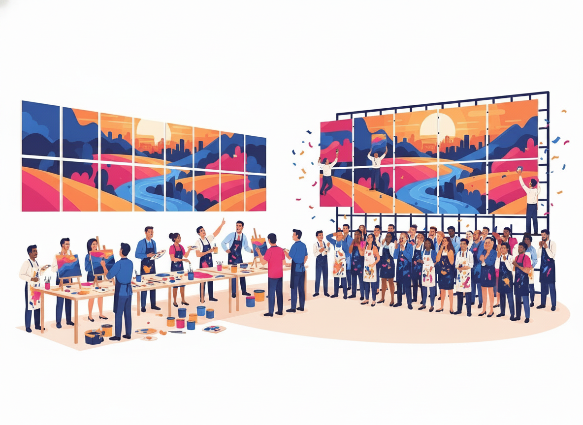 Big Picture creative team building painting event \u2014 teams collaborating to create a giant canvas masterpiece