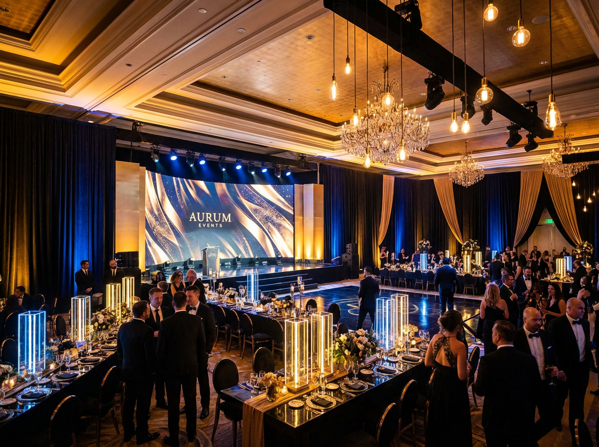 Elegant gala dinner setup with professional lighting and table arrangements by Event Experience, a UK creative event management company
