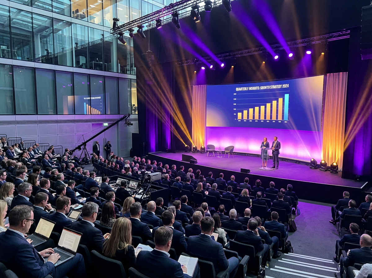 Conference management UK - modern conference with dramatic stage lighting and audience