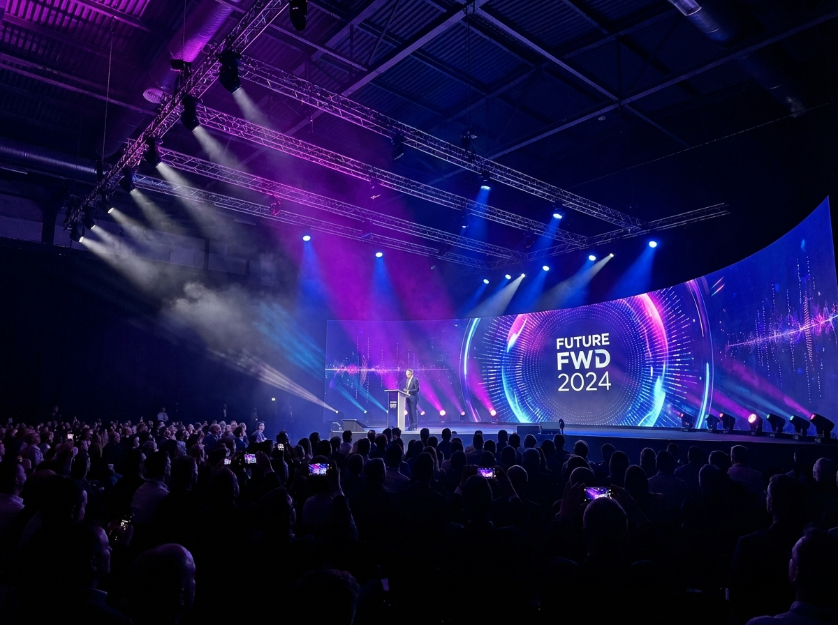 Corporate event management UK - professional corporate event with dramatic stage lighting