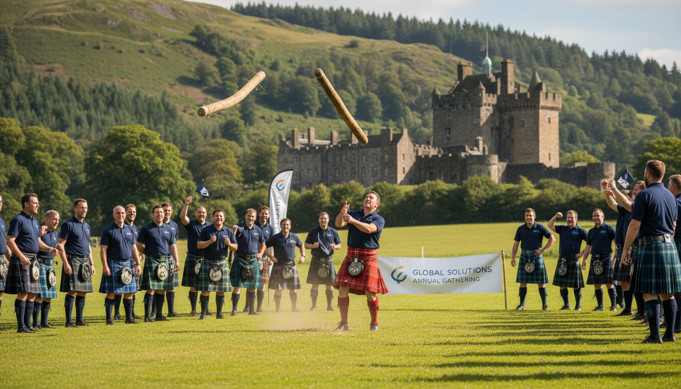 Corporate Highland games event on a Scottish estate with castle backdrop