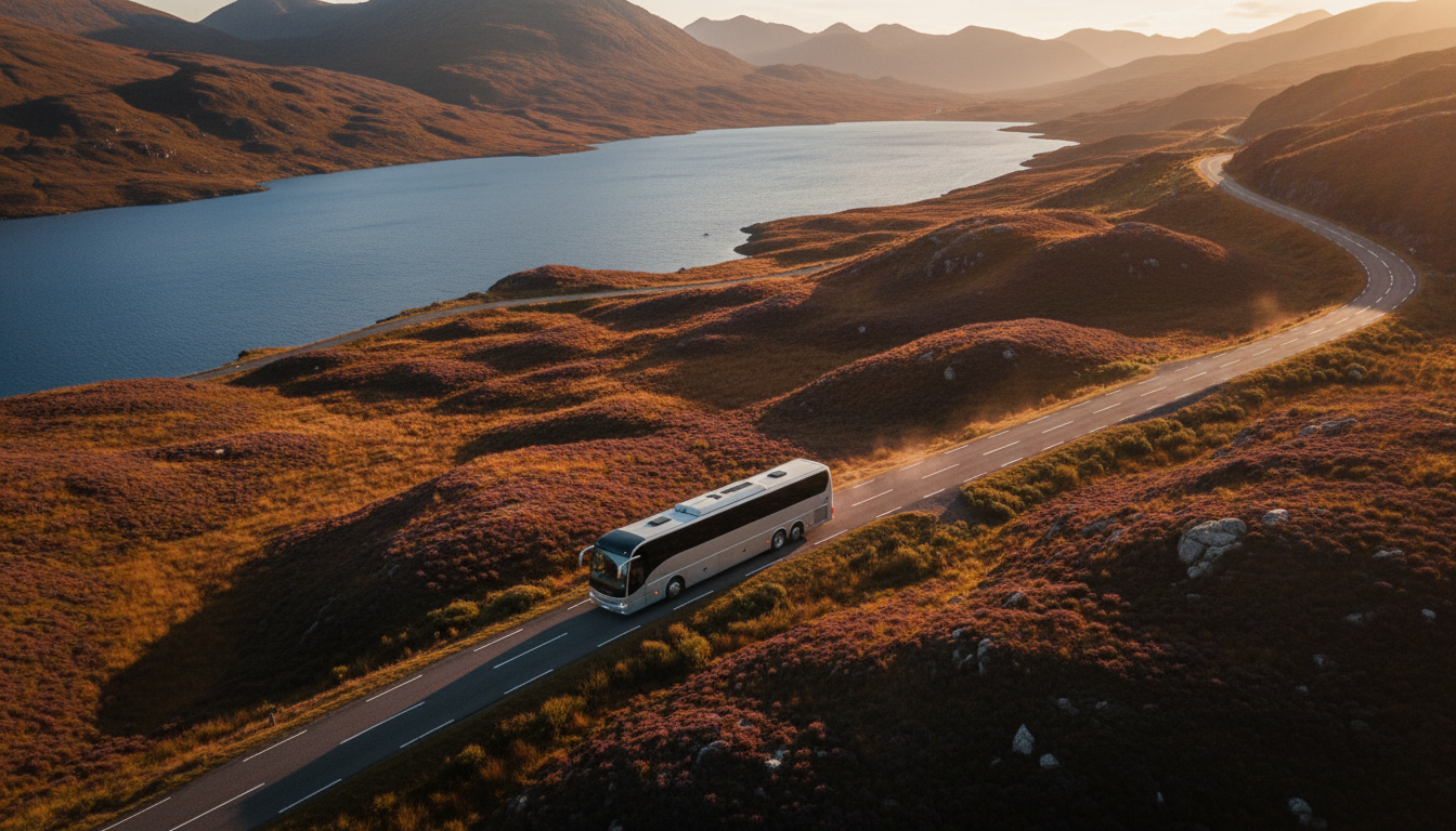 Luxury coach on a winding Scottish Highland road beside a loch at golden hour