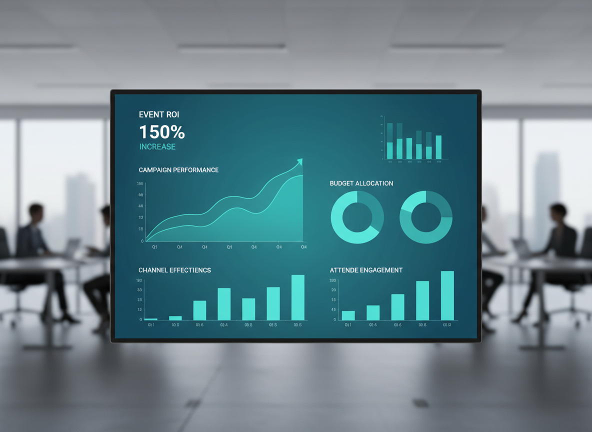 Digital analytics dashboard displaying event ROI metrics including attendance rates, lead generation, and revenue attribution charts