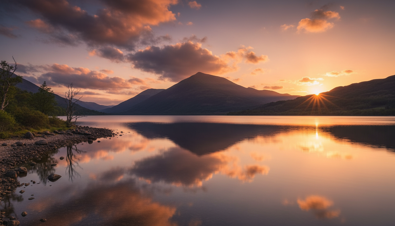 Loch Lomond at sunset with Ben Lomond reflected in the water