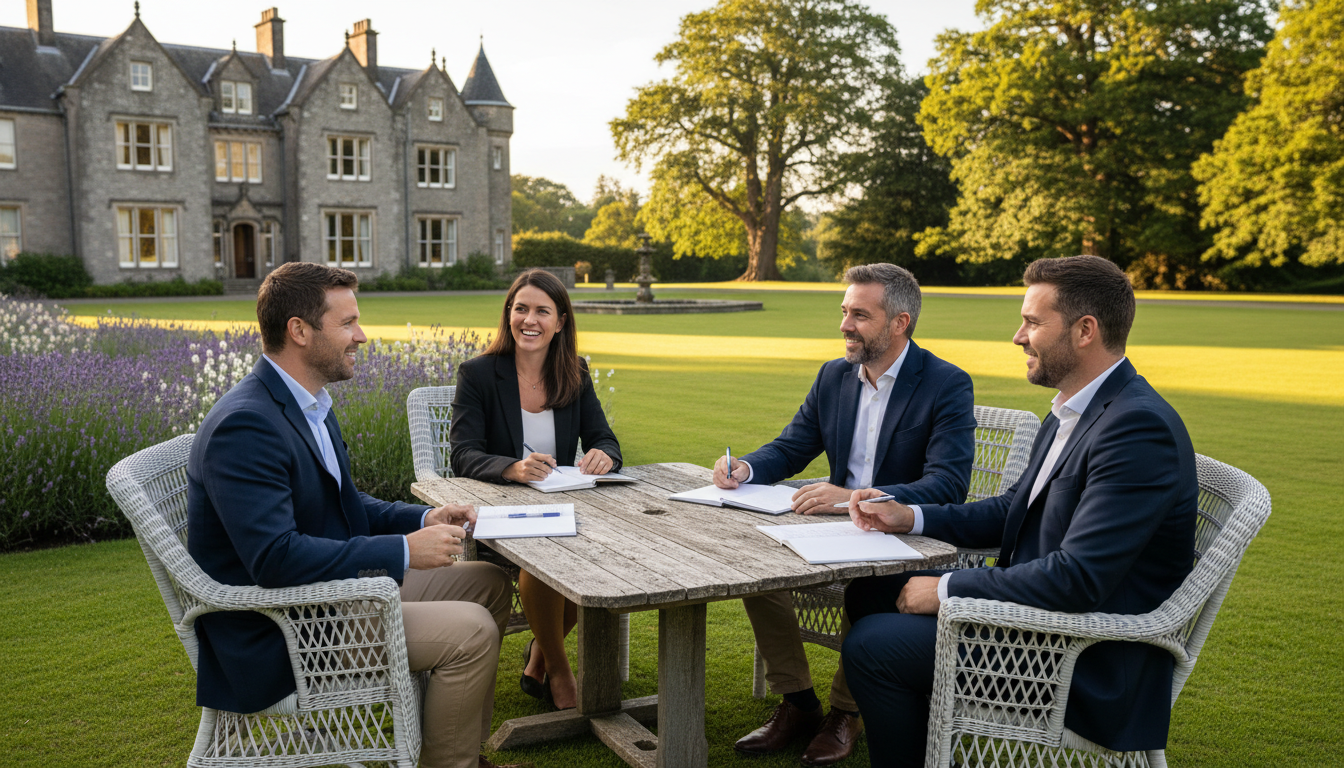 Corporate leadership retreat — senior leaders meeting outdoors in the grounds of a luxury country house retreat, facilitated by Event Collection UK