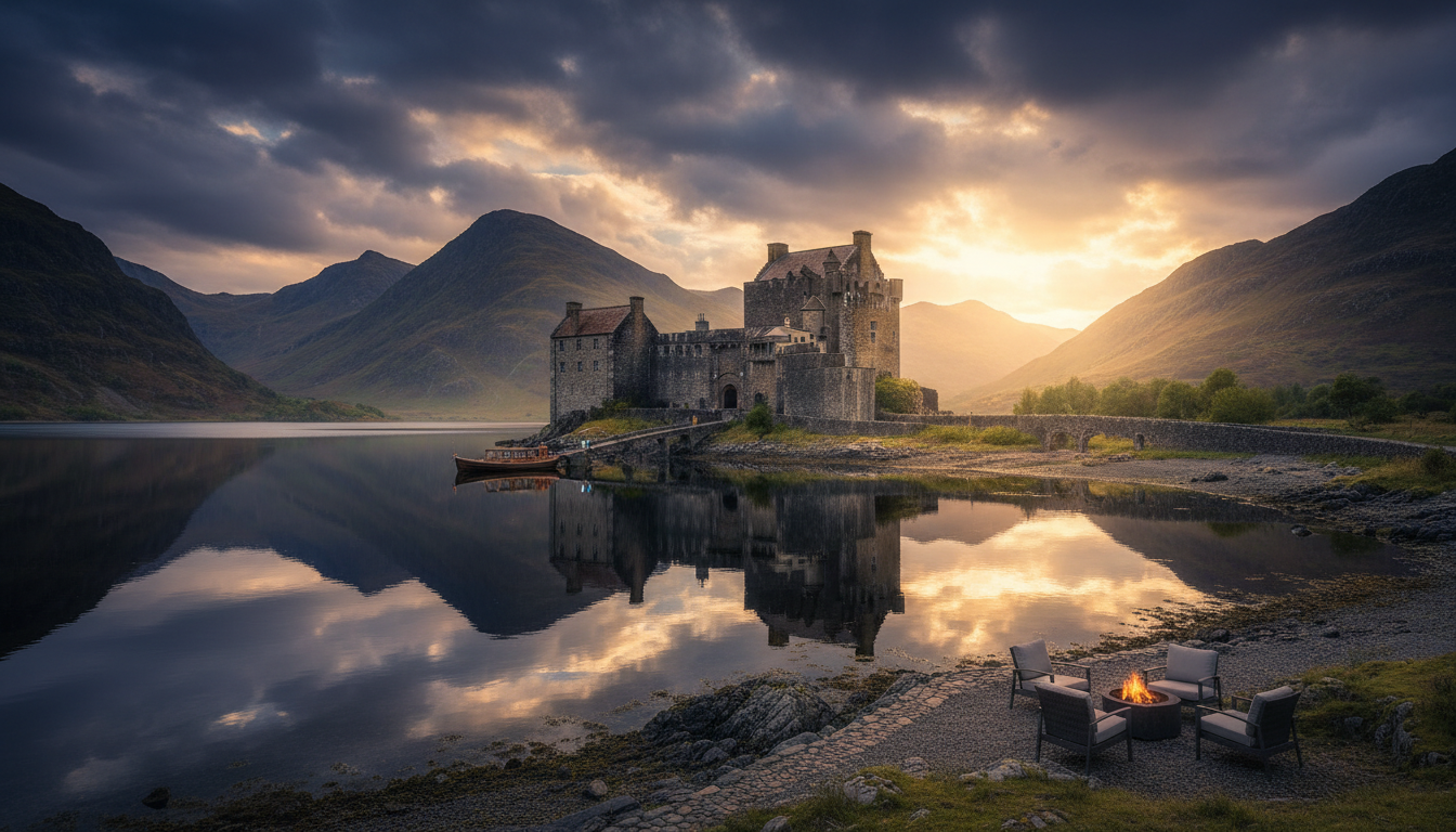 Scottish castle on a loch shore surrounded by mountains at golden hour
