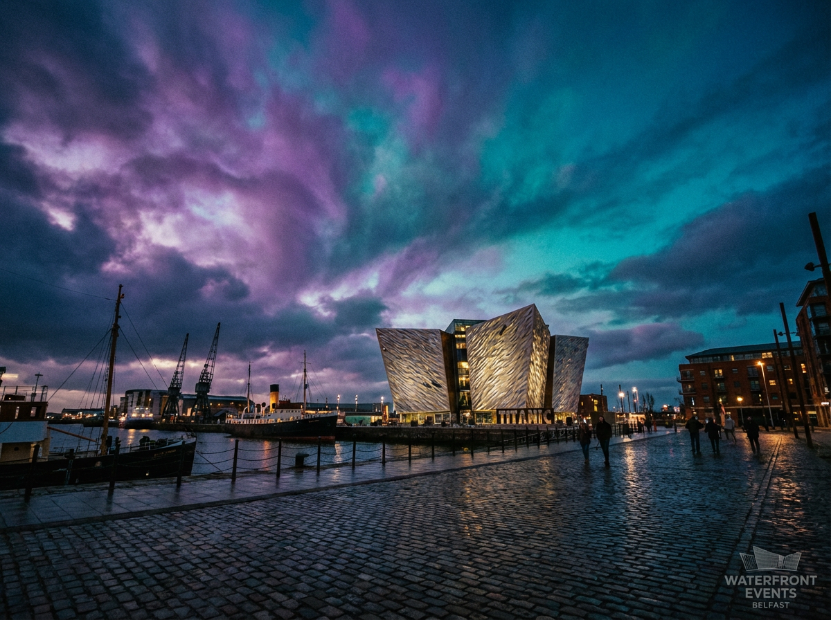 Belfast Northern Ireland waterfront with Titanic Belfast building at dusk