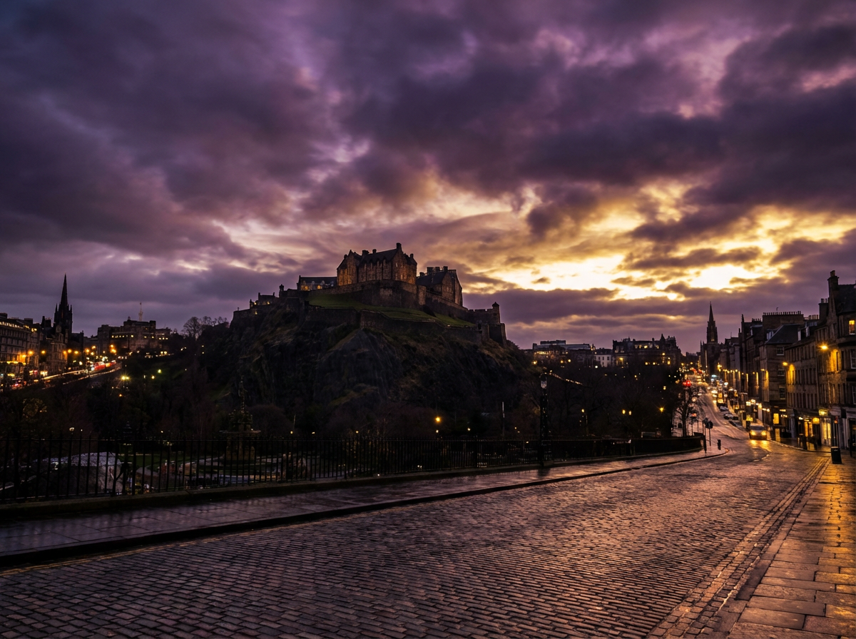 Edinburgh Scotland skyline at dusk with Edinburgh Castle