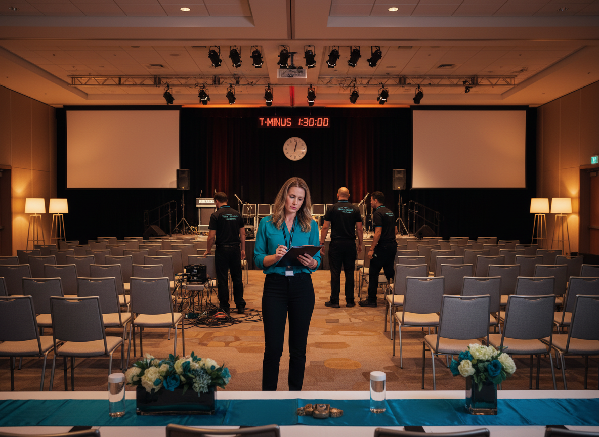 Venue event coordinator reviewing a checklist in a conference room