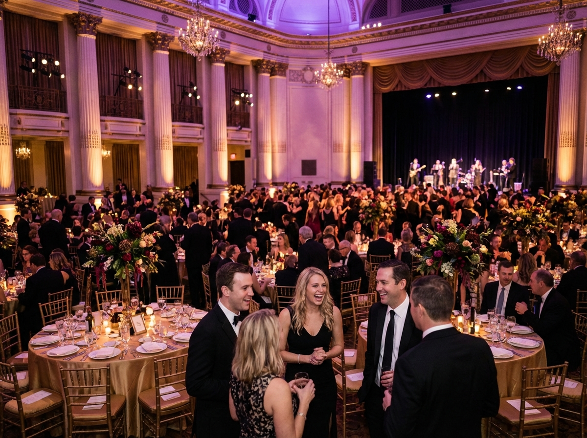 Gala dinner event management UK - elegant black-tie dinner setting with dramatic lighting