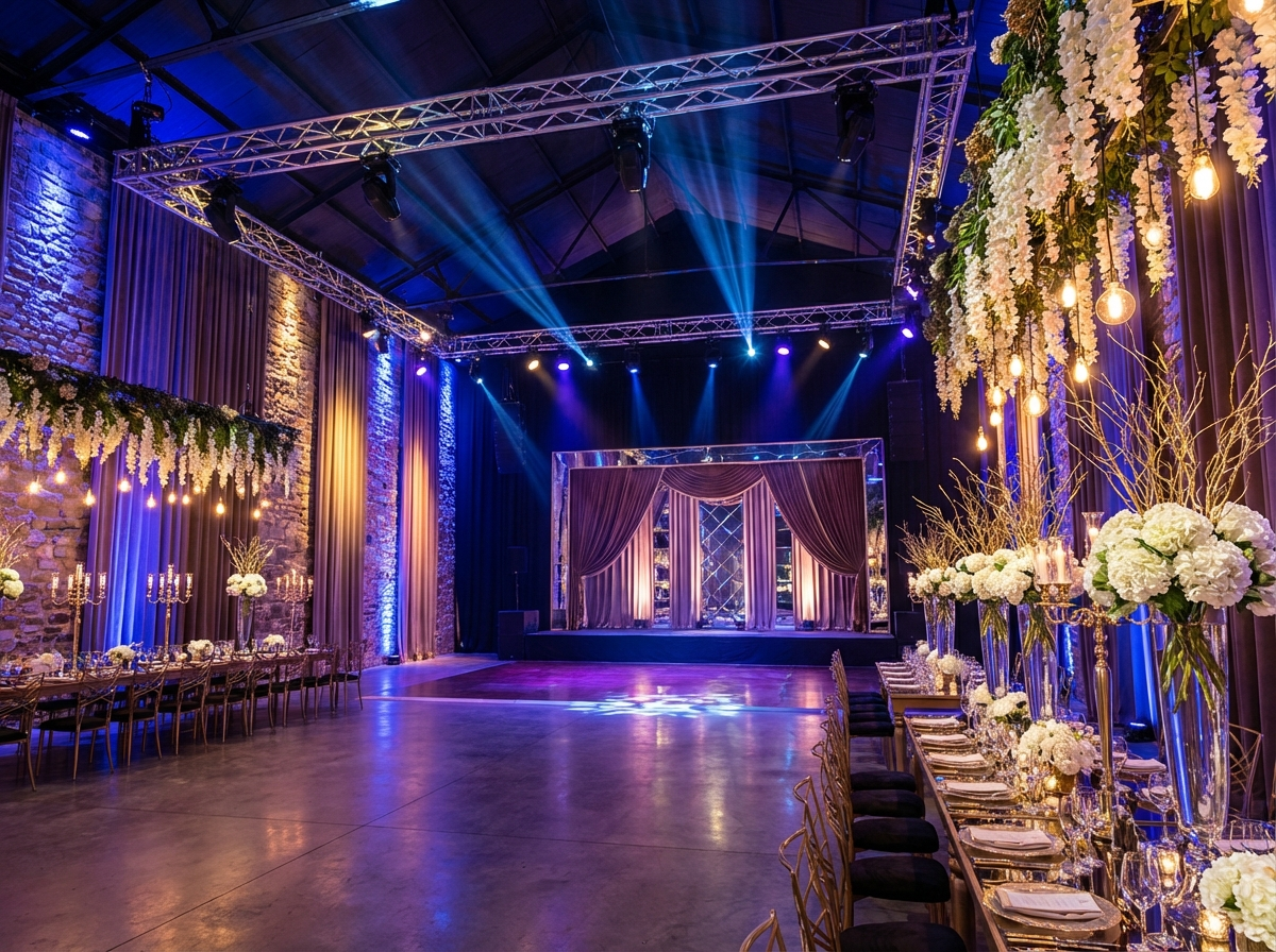 Large conference stage with dramatic lighting rig, LED backdrop, and professional sound production