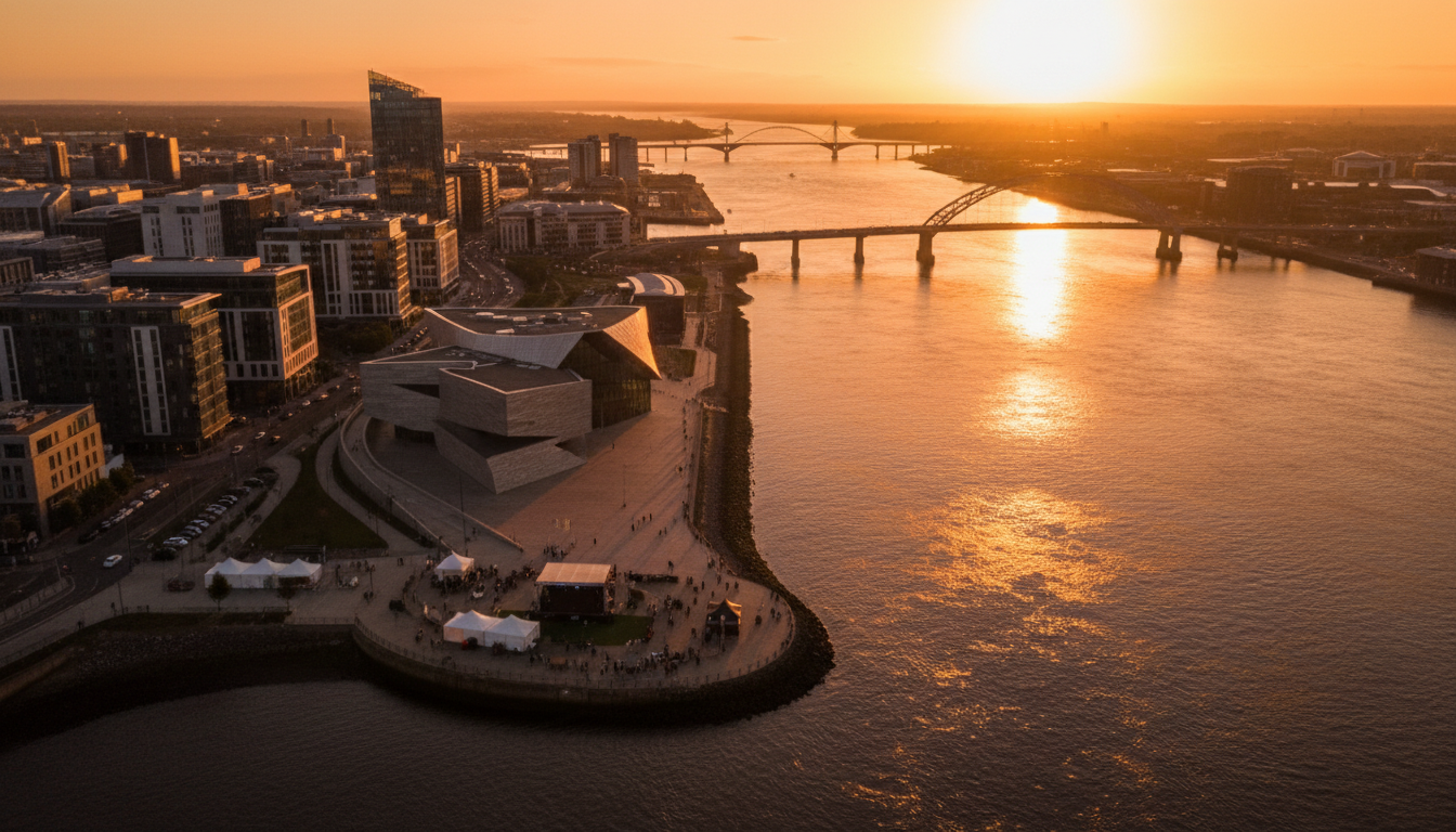 Dundee waterfront at golden hour with V&A Dundee, River Tay and Tay Road Bridge