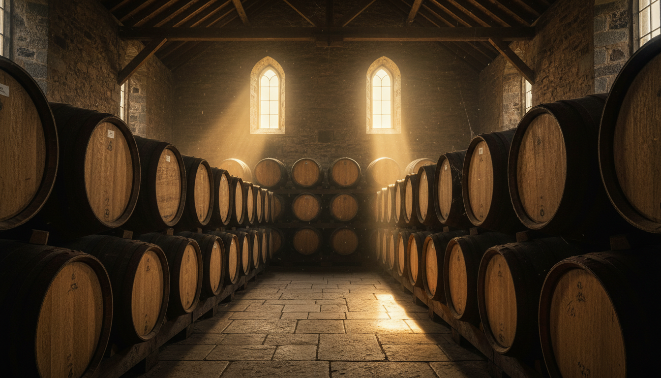 Speyside whisky distillery warehouse with oak casks in warm amber light