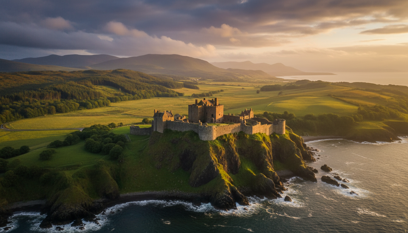 Scottish castle and landscape at golden hour