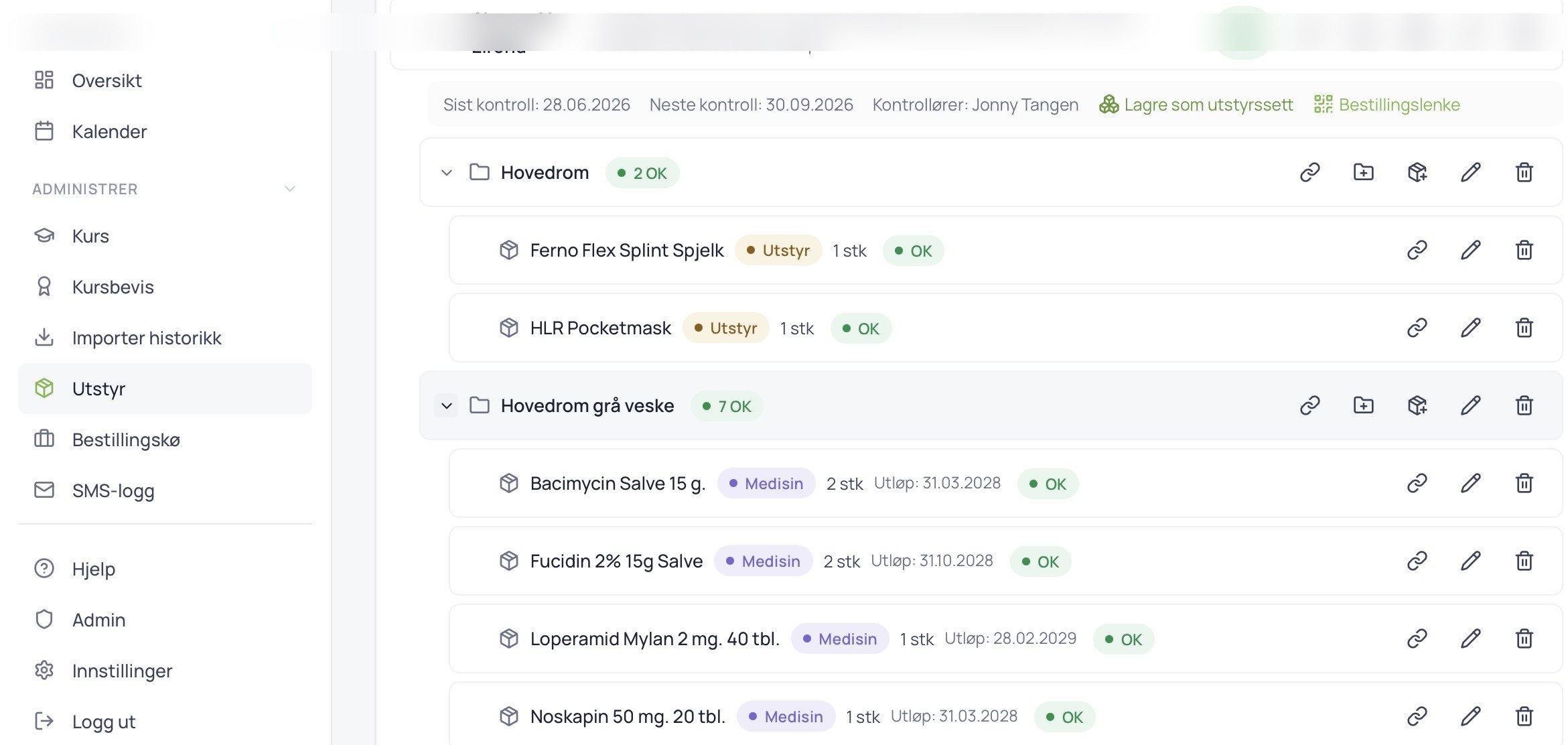 Care4 Control desktop – utstyrsoversikt med kontrollhistorikk og status