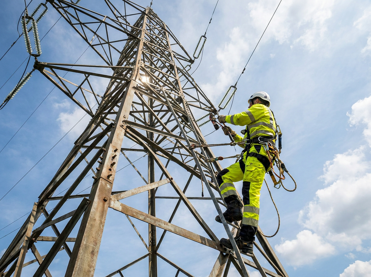 Arbeider i gult sertifisert verneutstyr med hjelm i høyspentmast - arbeidstøy for krevende miljøer