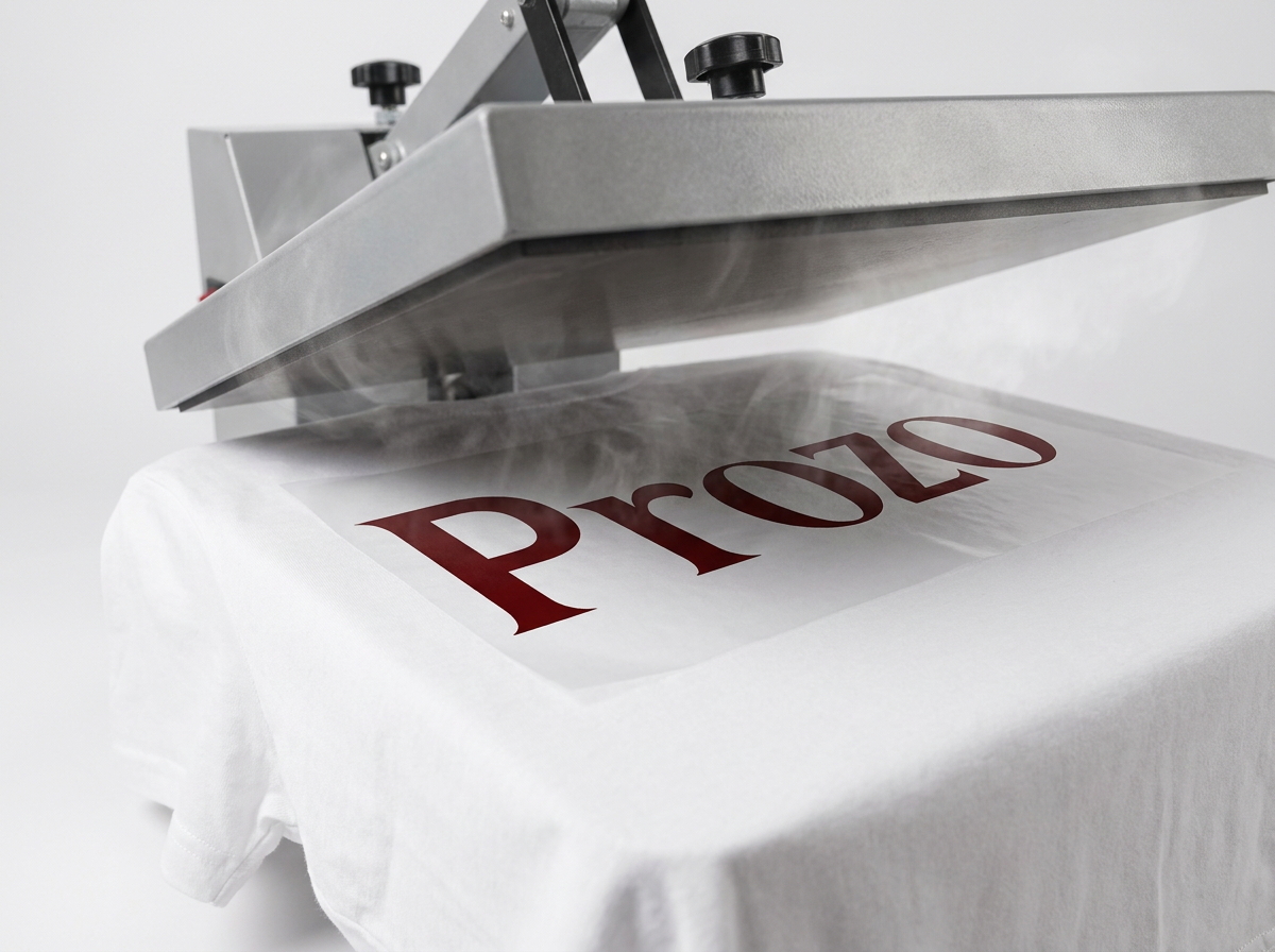 Varmeoverføring - Prozo logo trykkes på t-skjorte med varmepresse