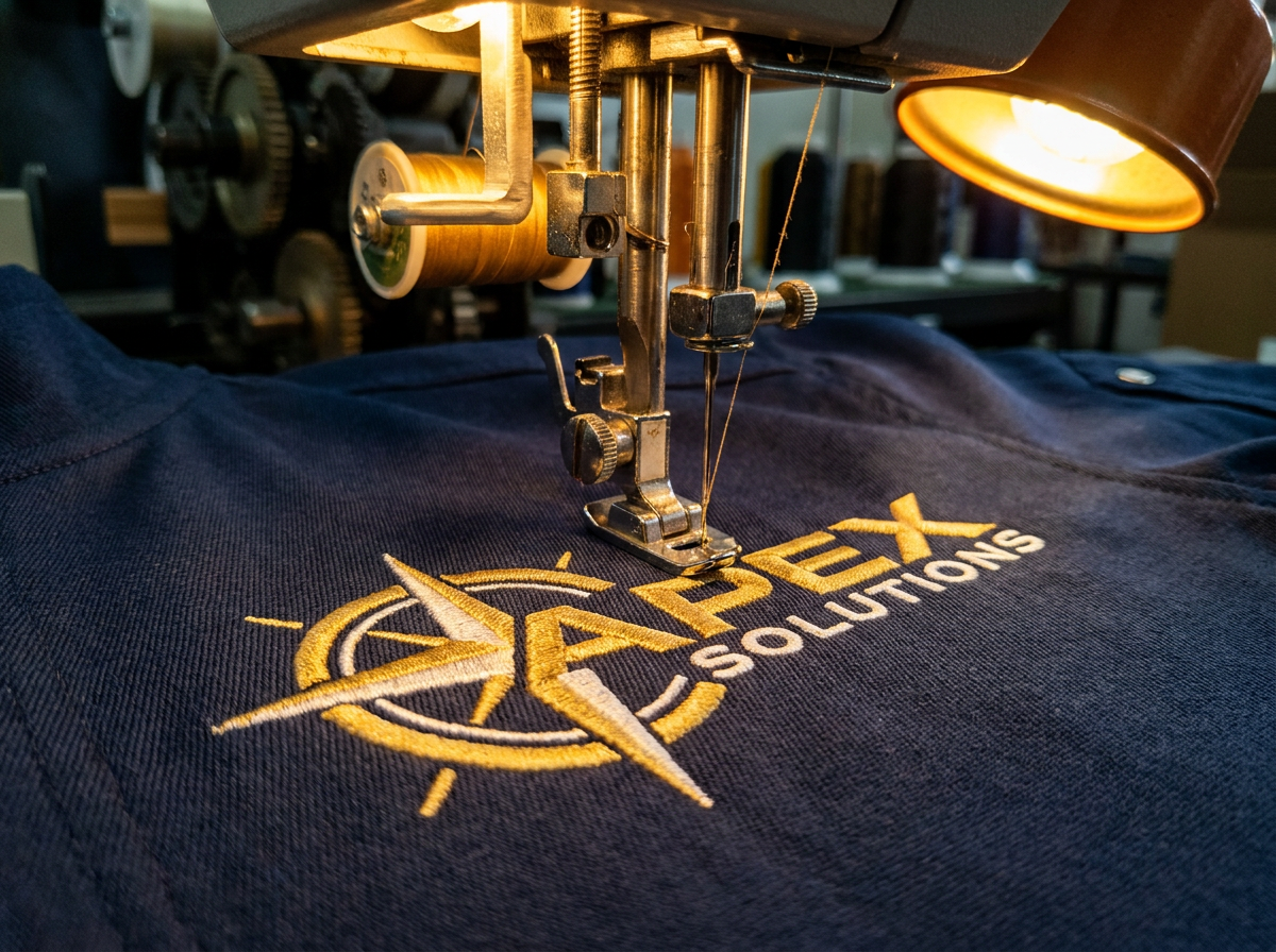 Broderi - maskinsøm av logo på mørk jakke