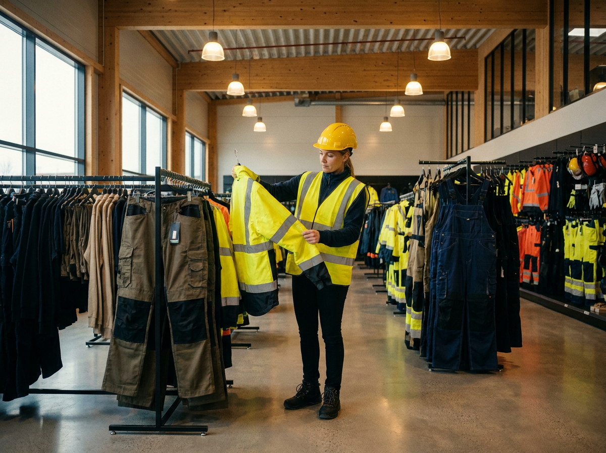 Arbeider som velger riktig arbeidstøy i butikken