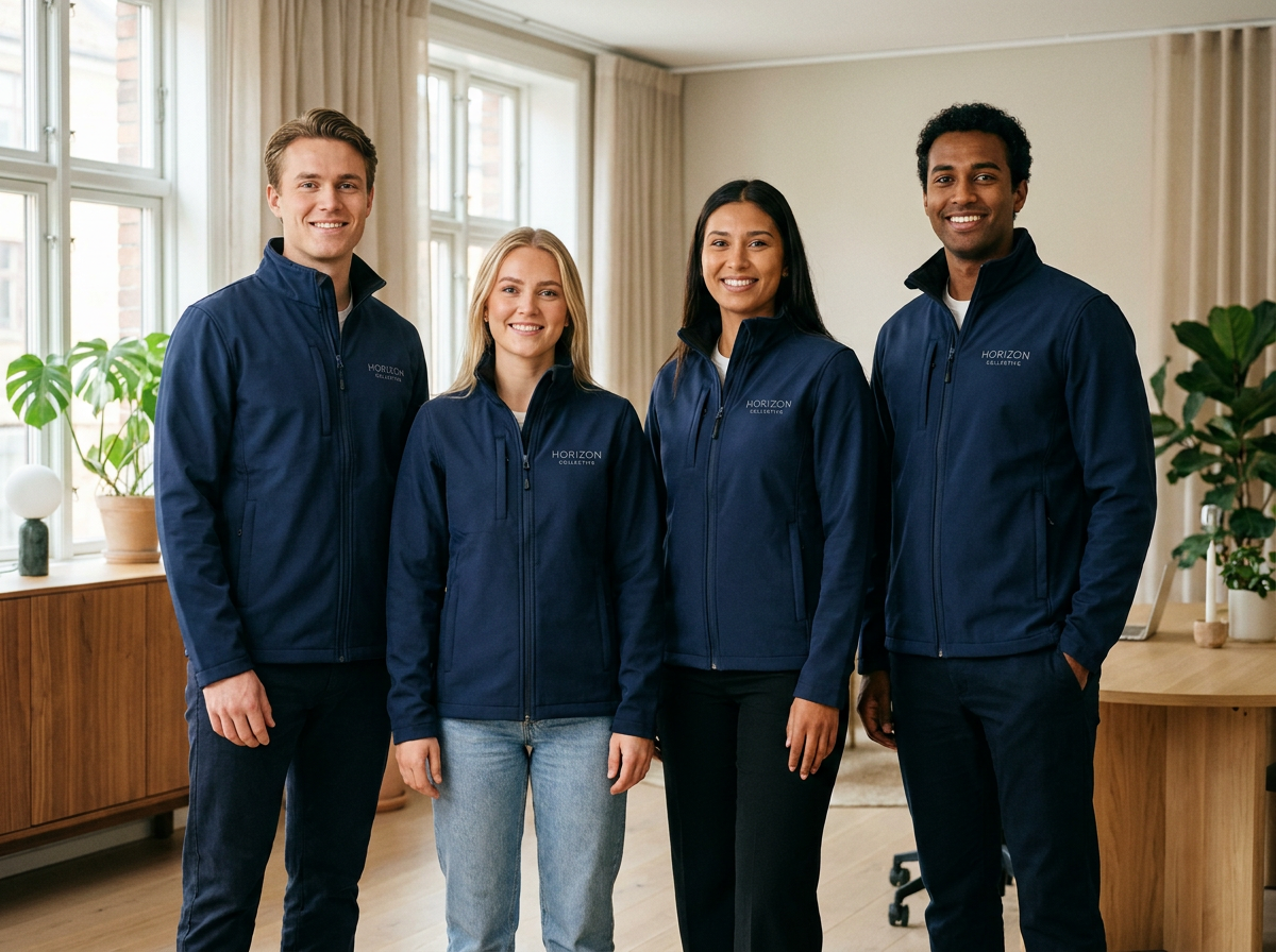 Team i matchende profilbekledning med firmalogo