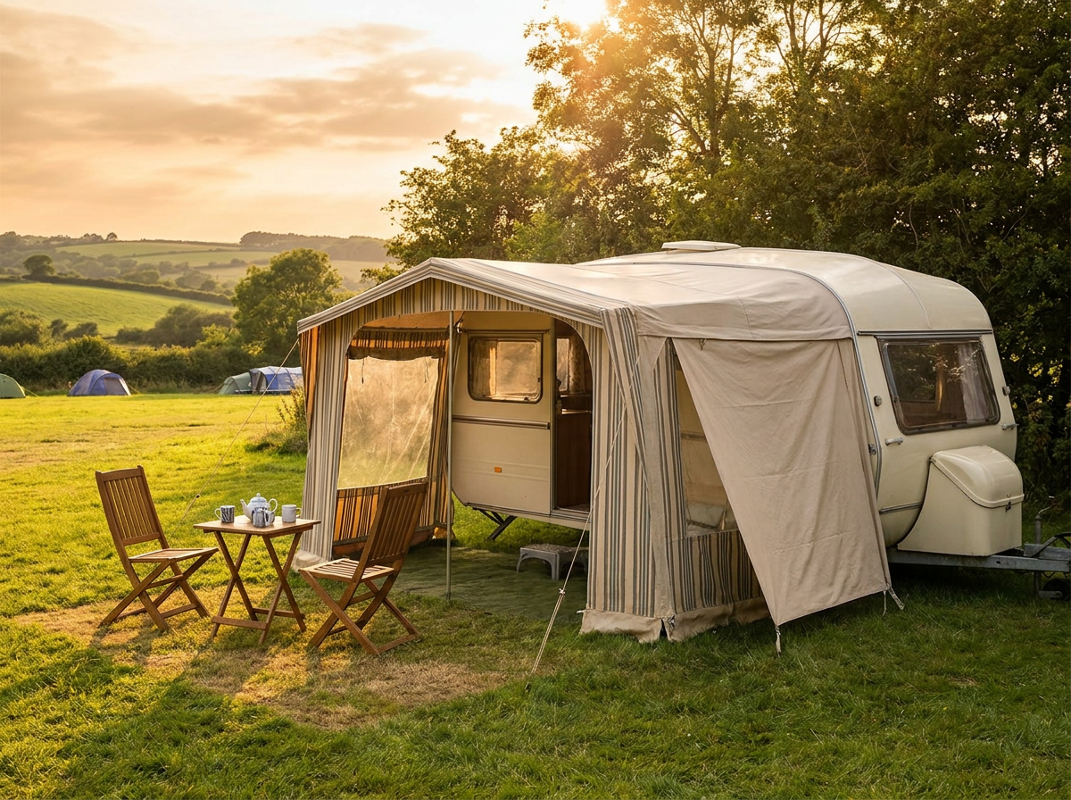 A touring caravan with a porch awning pitched on a campsite