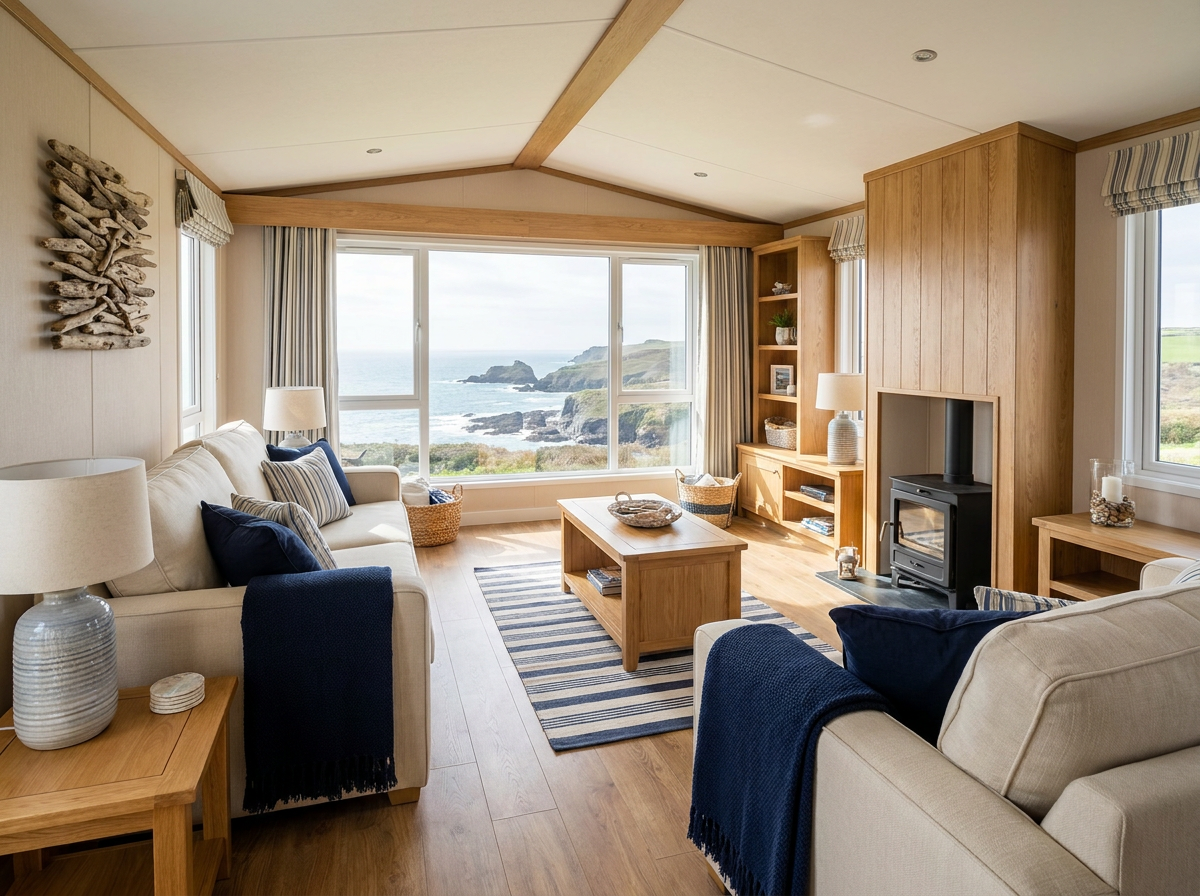 The bright, modern interior of a static caravan