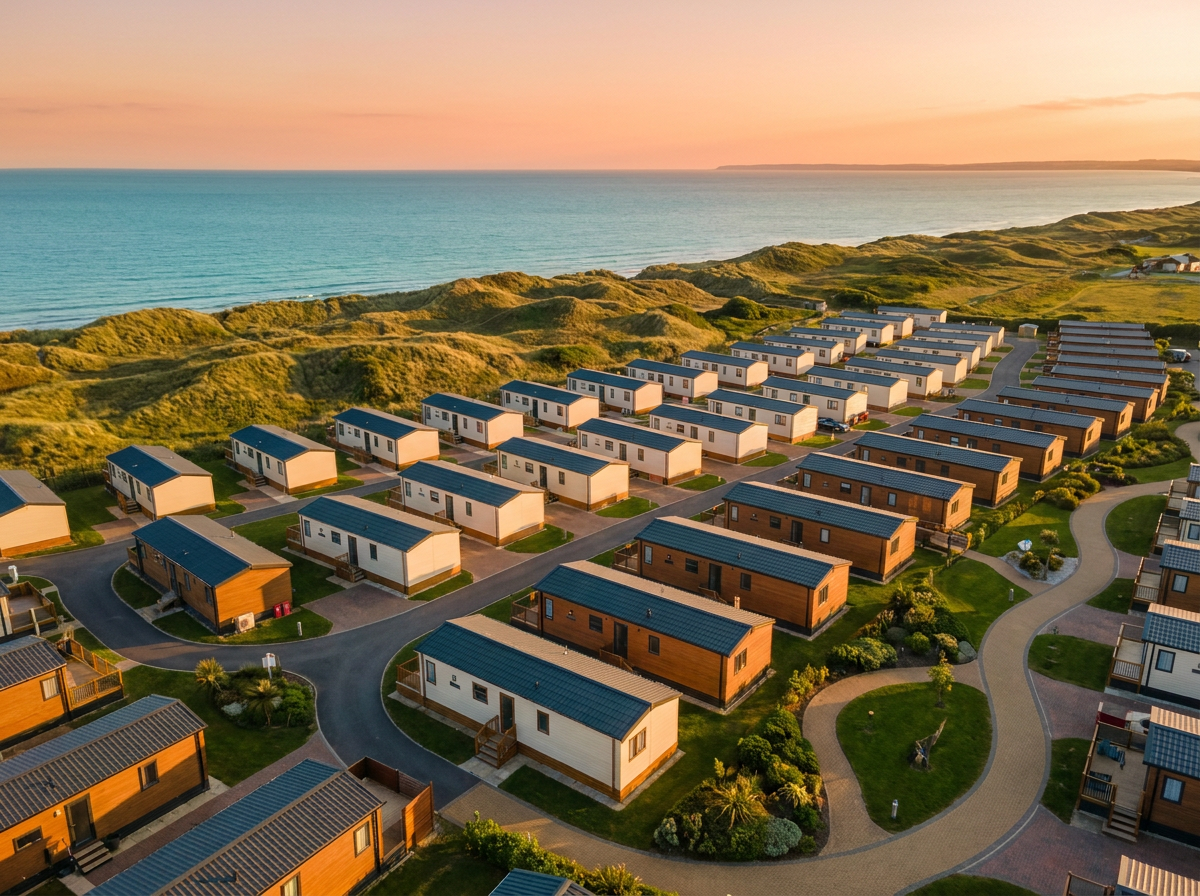A premium UK coastal holiday park at golden hour