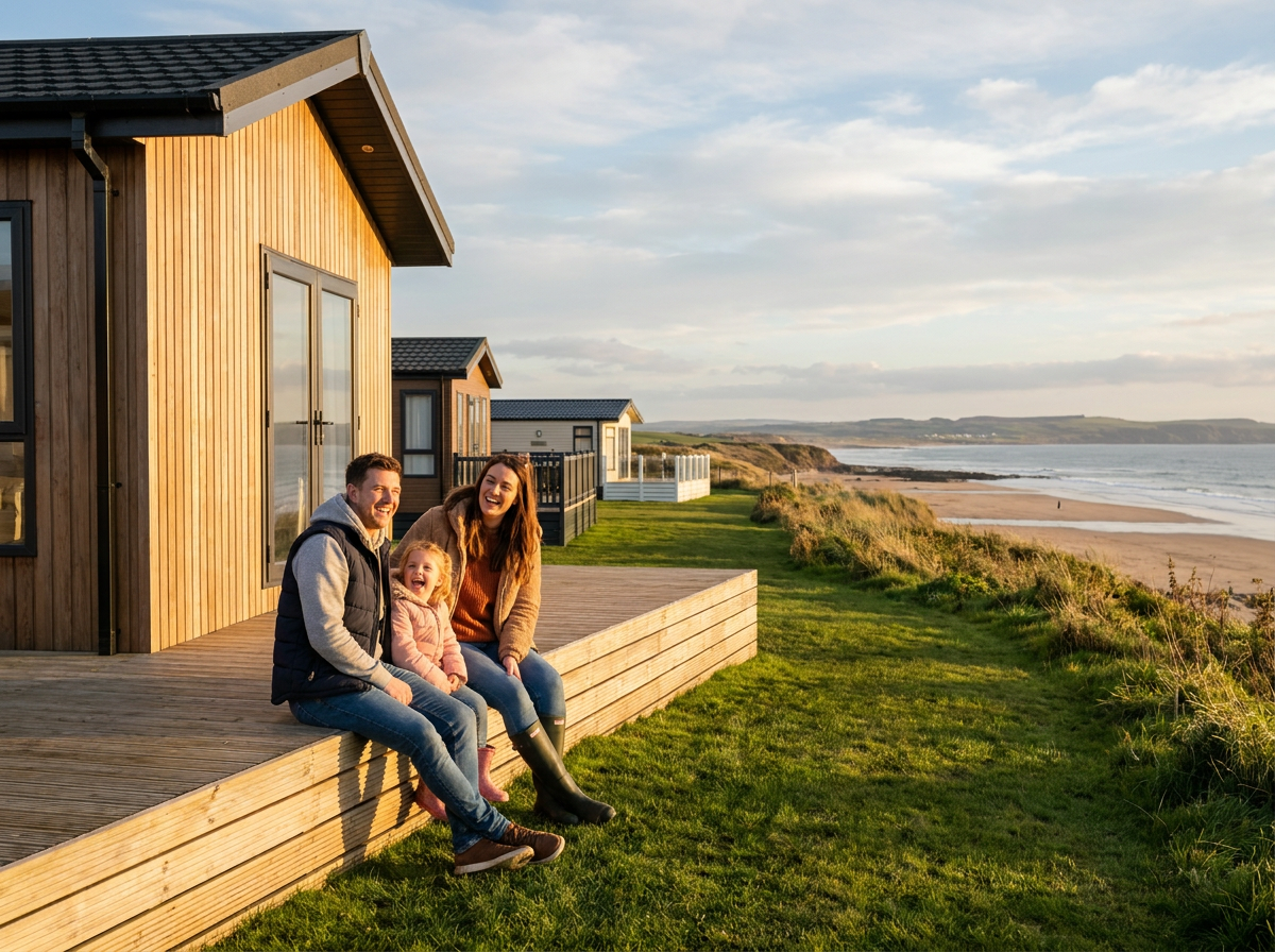 A family beside their new static caravan on a coastal park