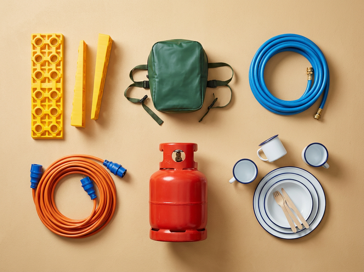 A flat lay of essential caravan accessories on a sand background