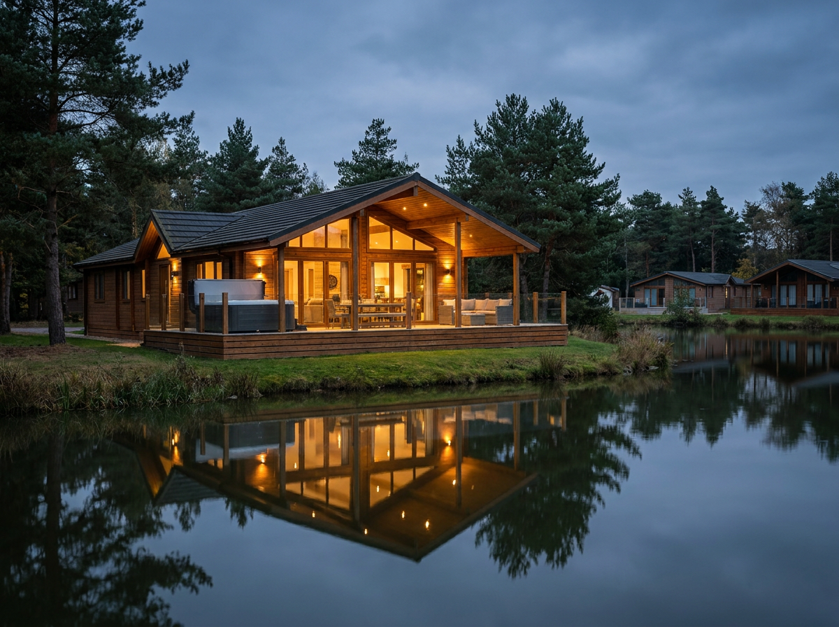 A modern holiday lodge beside a lake at dusk