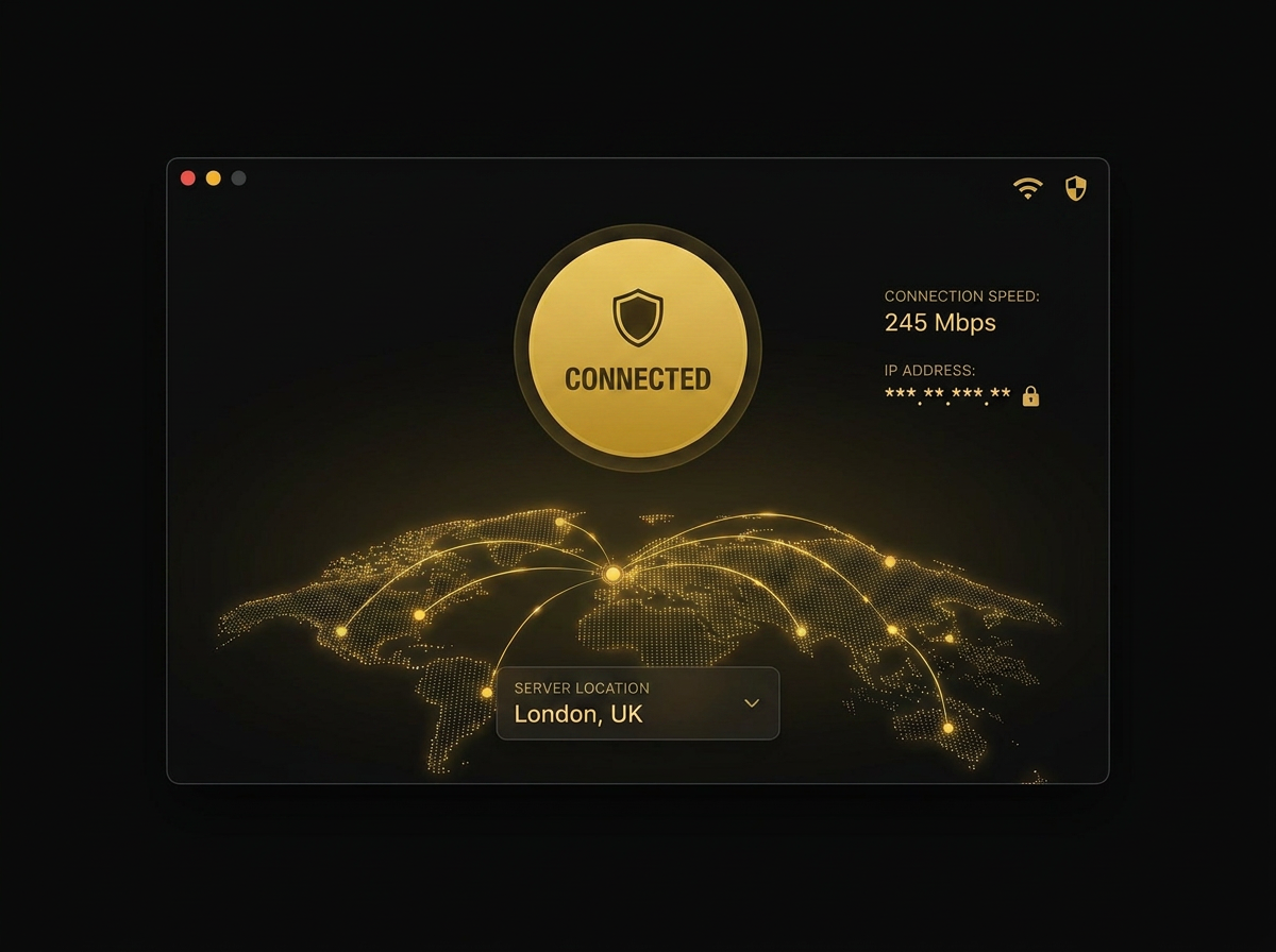 Clear View VPN Dashboard — Connected to London server with 245 Mbps speed, AES-256 encryption active, zero logs