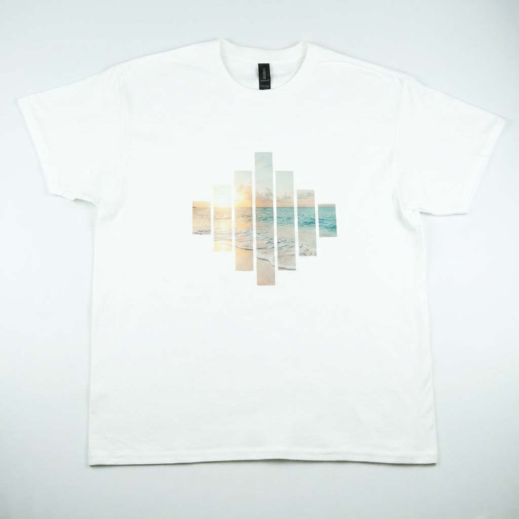Sunset Vibes white t-shirt with beach bars design full view