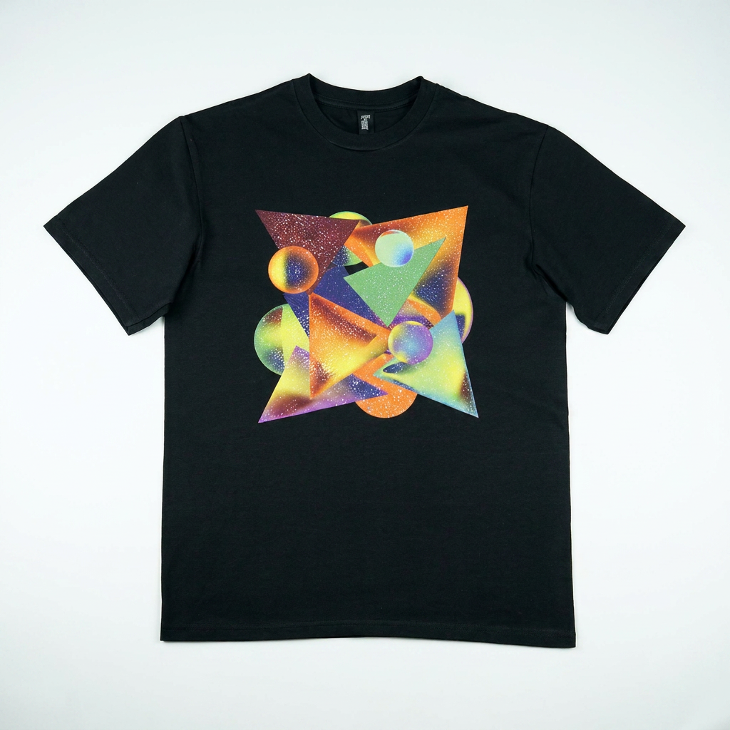 Geometric abstract art black t-shirt full view