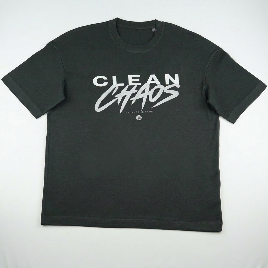 Clean Chaos dark grey t-shirt full view