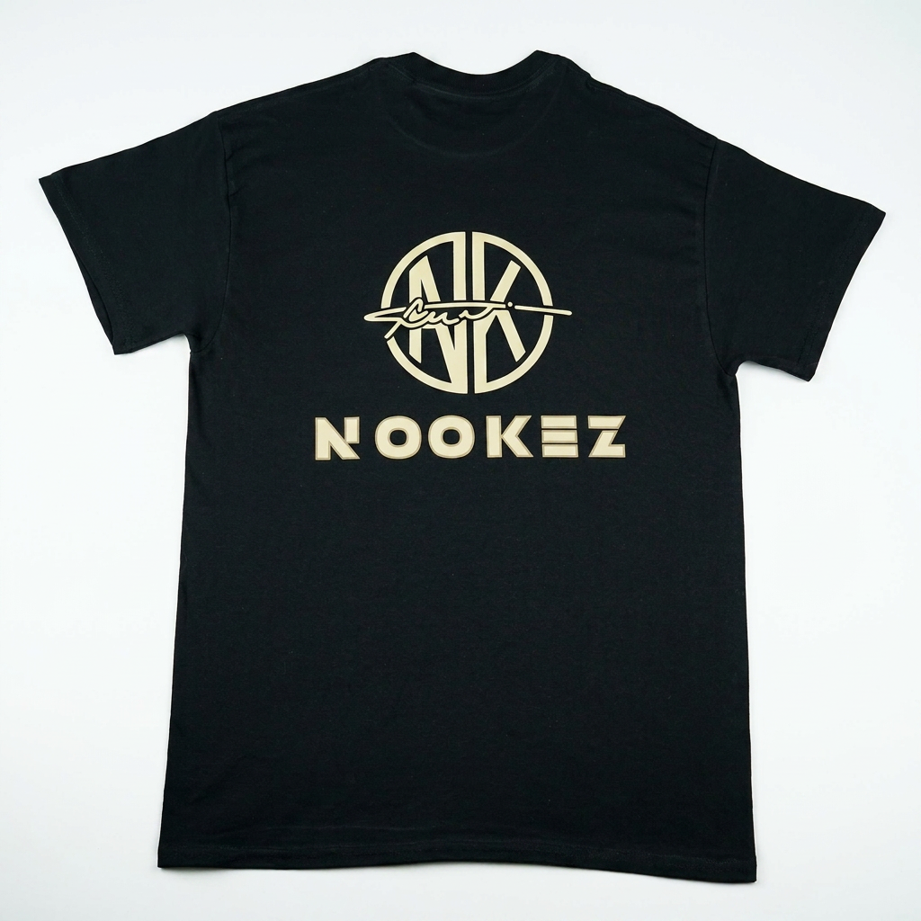 Nookez work t-shirt back view with large logo and text