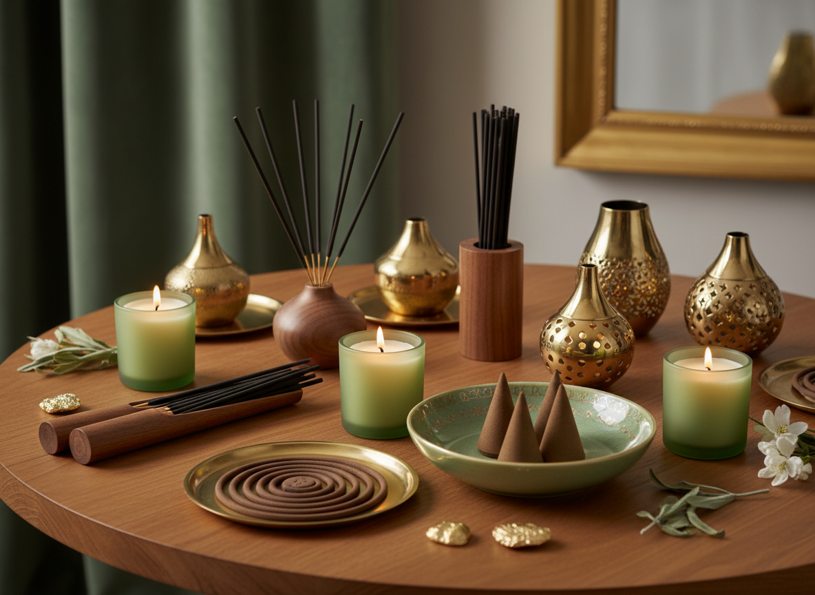 Luxury incense collection with incense sticks, coils, cones, wooden holders and brass burners arranged on wooden table with candlelight and gold accents