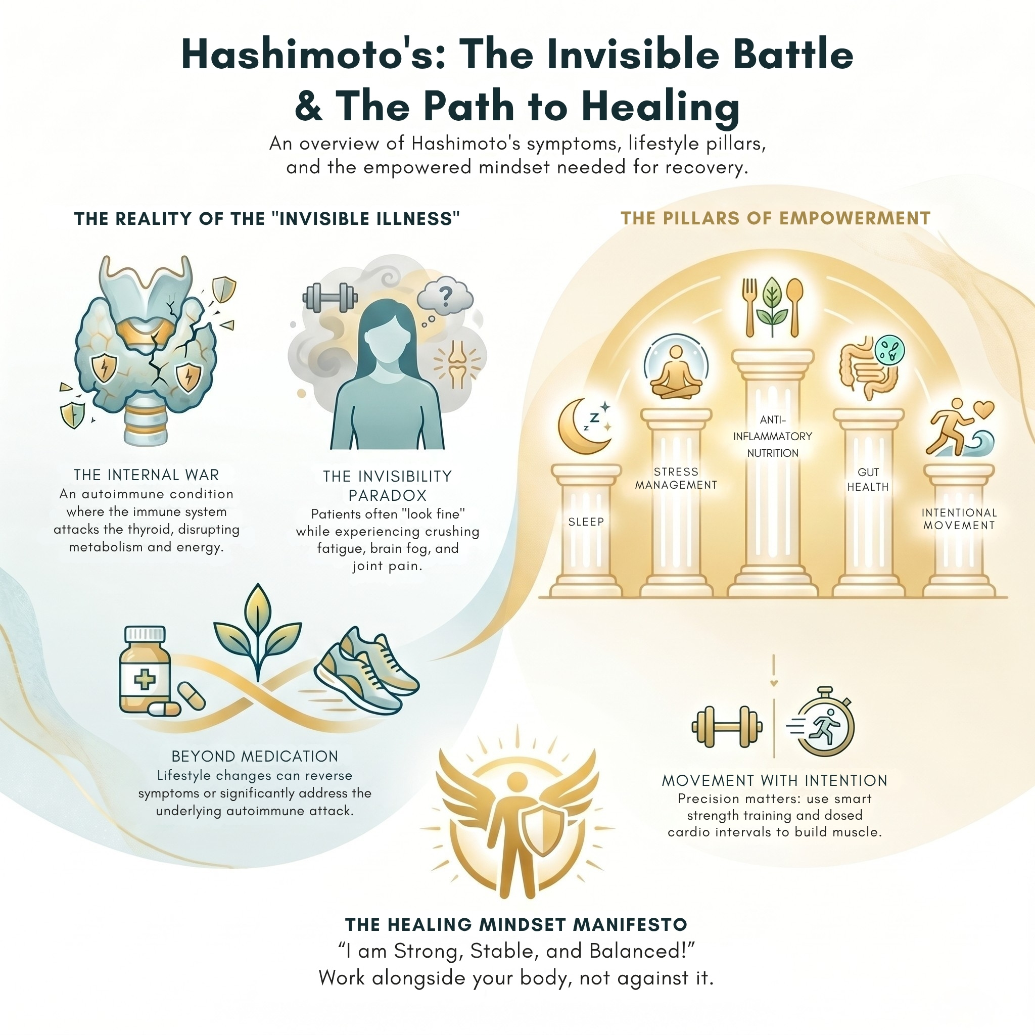 Hashimoto's: The Invisible Battle & The Path to Healing — overview of symptoms, lifestyle pillars, and empowered mindset