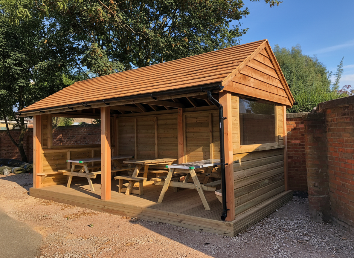 Lean-to shelter with picnic tables