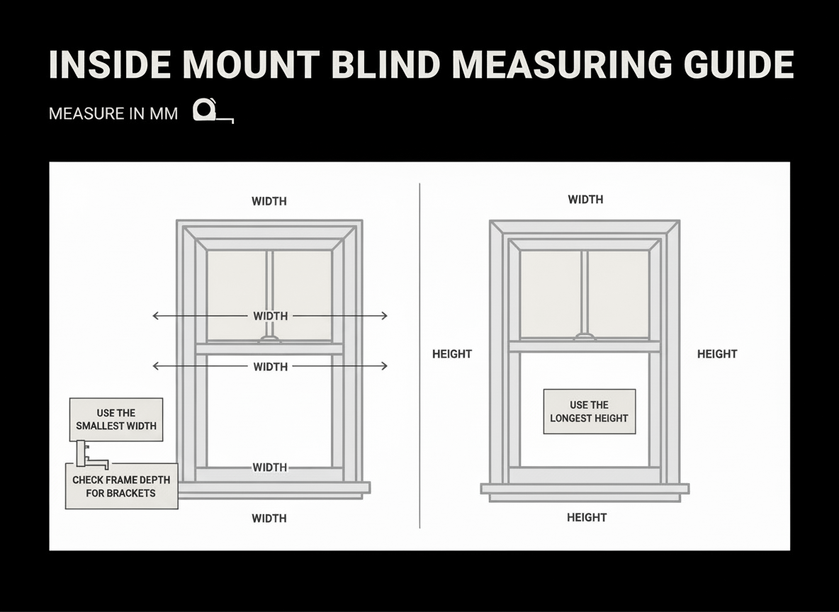 Inside mount blind measuring guide showing how to measure width and height inside the window frame