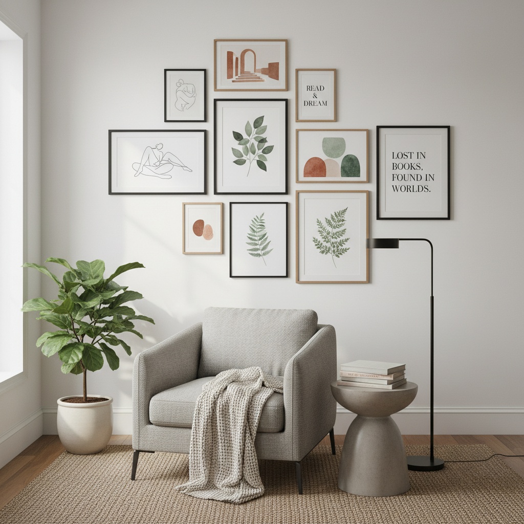 Przykład galerii ściennej z różnymi grafikami