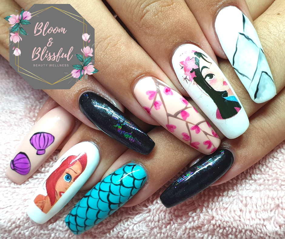 Disney character nail art with Mulan and Ariel by Emmie